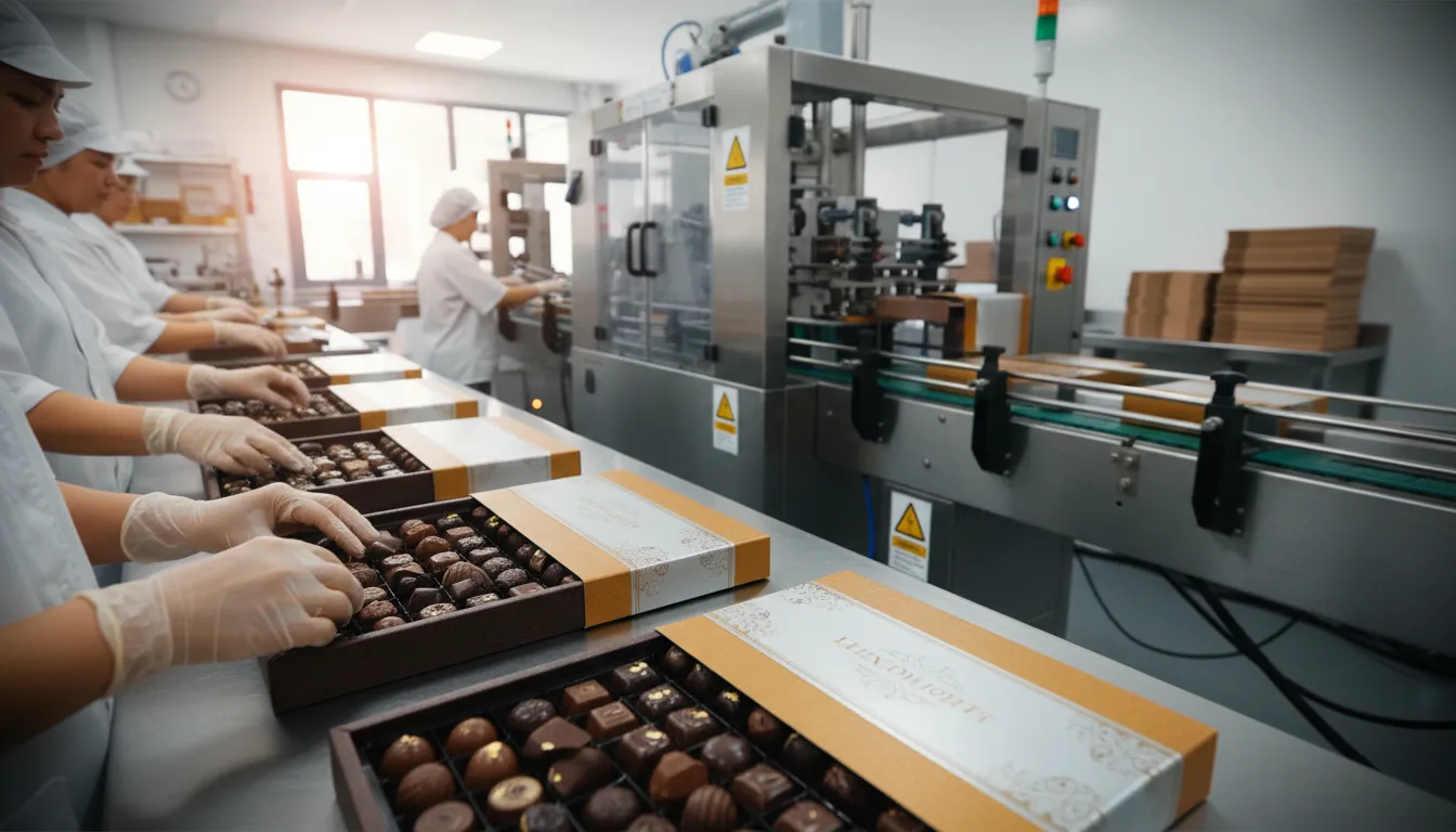 Chocolate products being packed into rigid boxes and wrapped with decorative sleeves on a professional packaging line with workers and machinery.