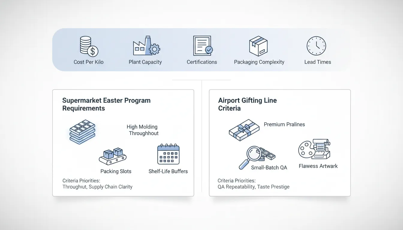 Infographic showing private-label and co-packed chocolate sourcing criteria with two case studies: supermarket Easter program prioritizing throughput and shelf-life, and airport gifting line focusing on premium quality and artwork.