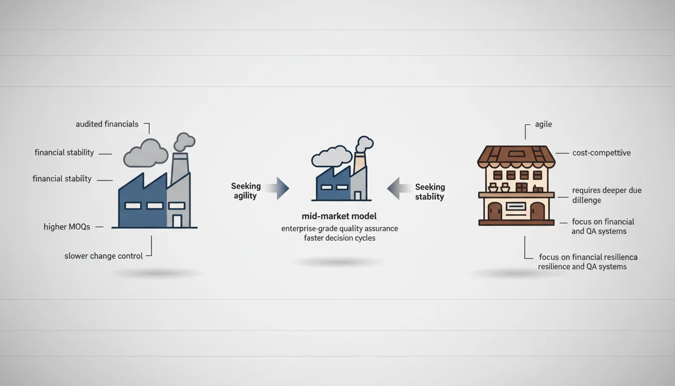 Infographic comparing listed chocolate manufacturers with family-owned suppliers, highlighting trade-offs like financial stability versus agility and due diligence, with a hybrid mid-market model in the center.