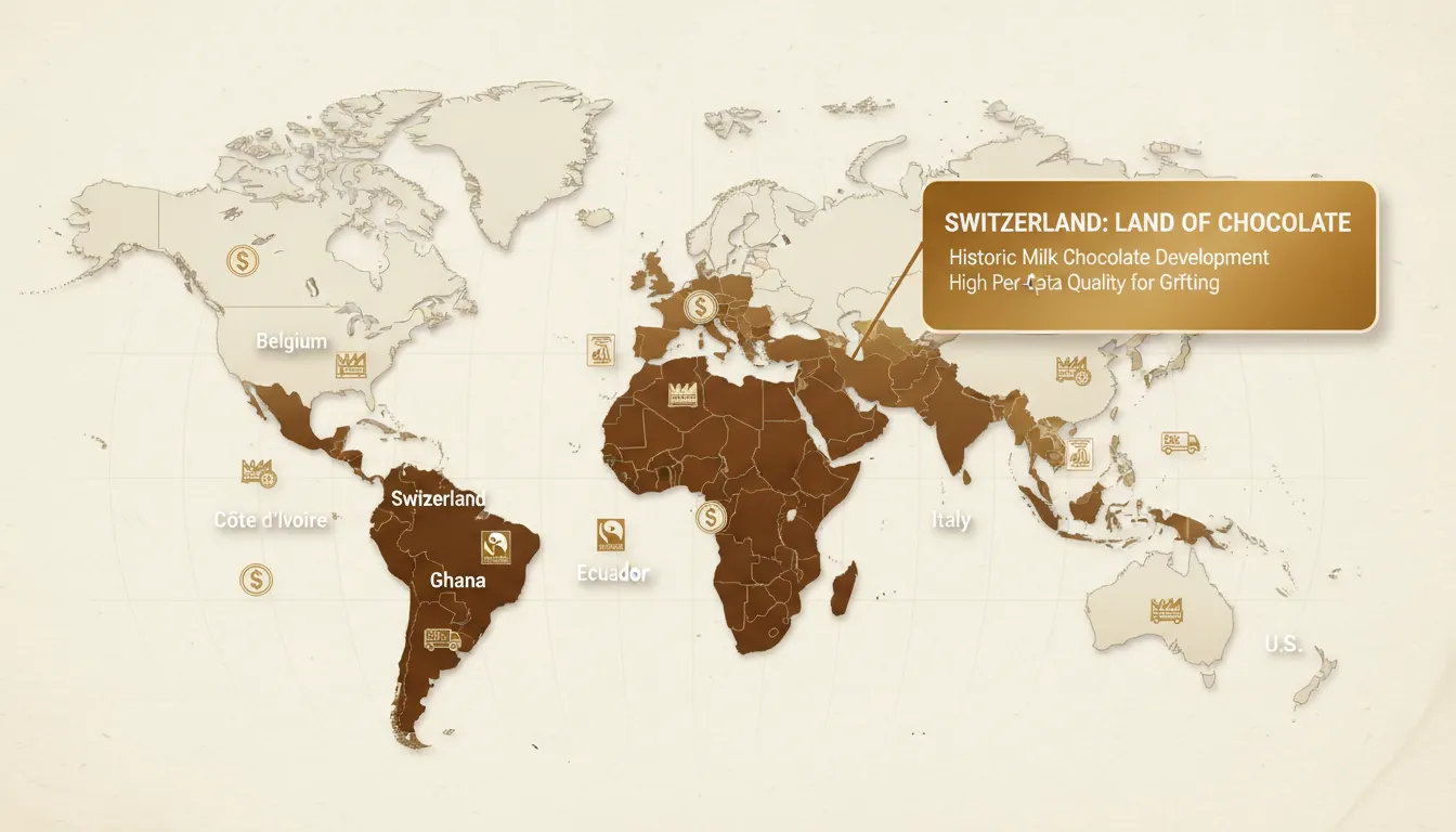 World map highlighting major chocolate-producing countries with icons showing price, production, certifications, customization, and logistics. Switzerland is specially marked as the 'land of chocolate' for milk chocolate innovation and premium quality.