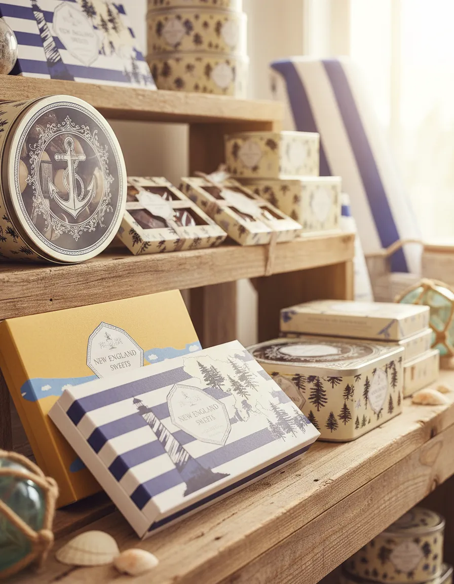Assorted artisanal souvenir chocolates and gift tins with New England branding on rustic wooden shelves, bright summer setting with subtle coastal decor.