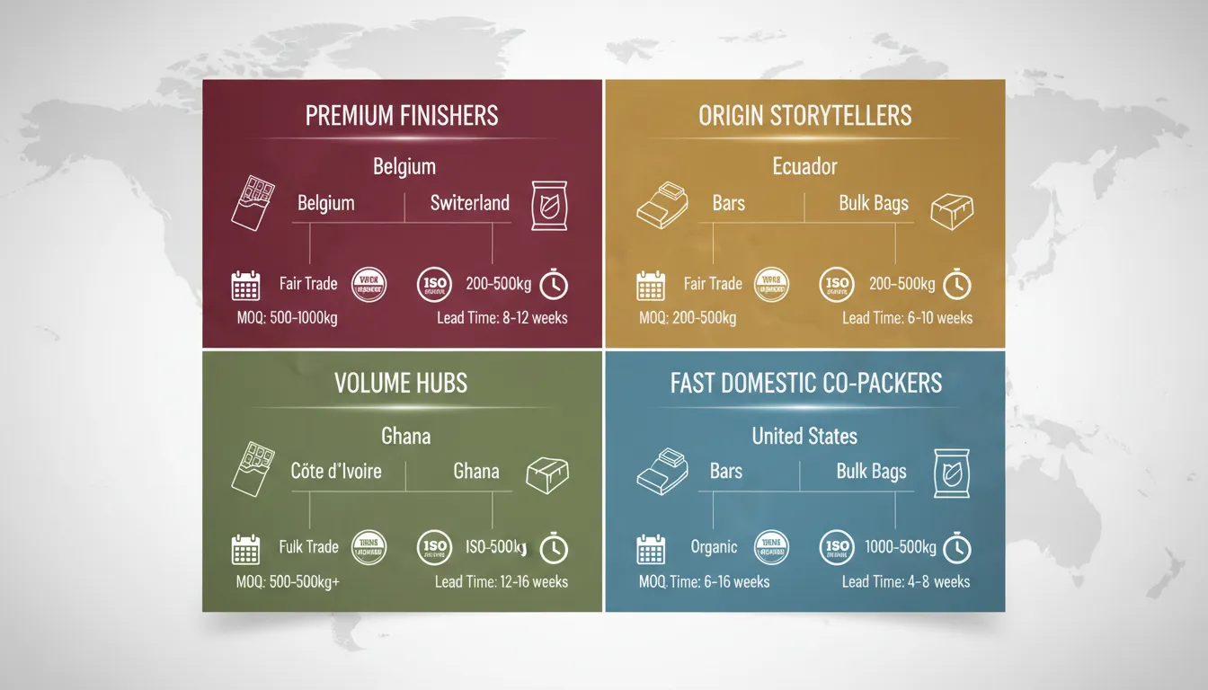 Infographic showing countries involved in private-label chocolate sourcing with roles like premium finishers Belgium, Switzerland, Italy; origin storytellers Ecuador; volume hubs Côte d’Ivoire, Ghana; and US as fast domestic co-packers, including icons for chocolate formats and procurement details.