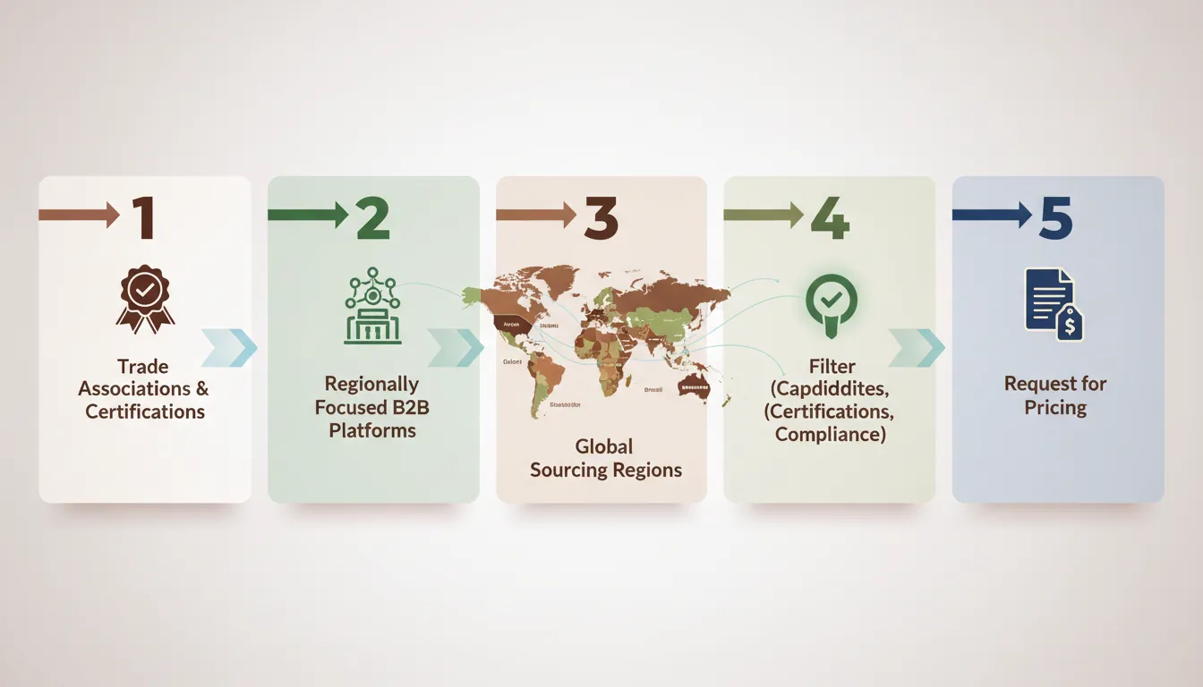 Infographic illustrating the private-label chocolate supplier discovery process with steps from trade associations to pricing requests.
